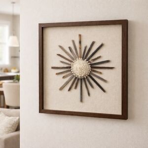 Framed Starburst Wall Art Neutral Wood Botanical Sculpture Modern Decor
